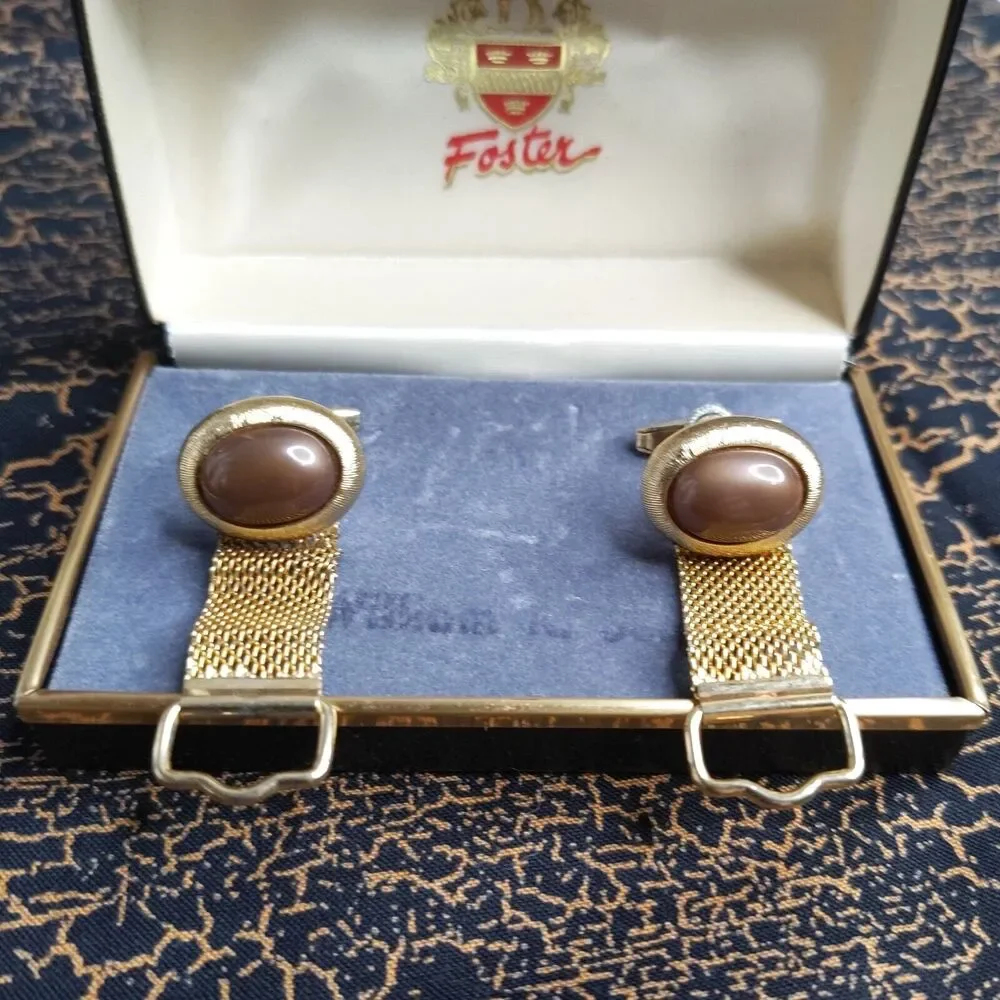 Vintage Foster USA Gold Tone Oval Cufflinks WrapARound Brown Stone Shirt Tux